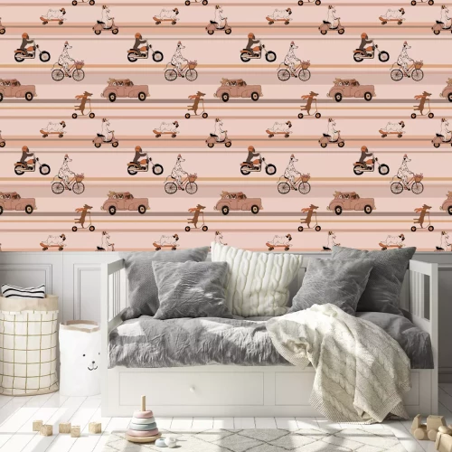 Tapete Niedliche Hunde in Fahrzeugen vor einem gestreiften Hintergrund