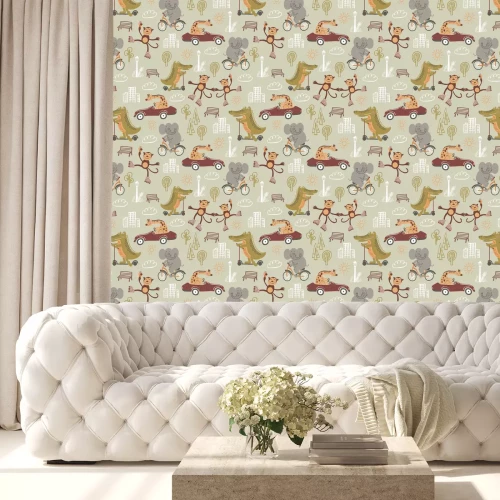 Tapete Niedliche Tiere im Stadtmuster für Kinder