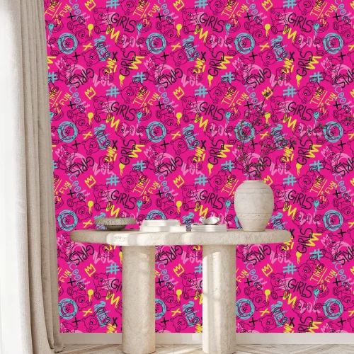 Tapete Graffiti und Teddybären auf rosa Hintergrund