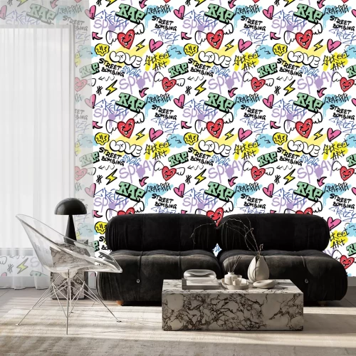 Tapete Farbenfrohe Graffiti-Inschriften und Zeichnungen im Stil der Straßenkunst