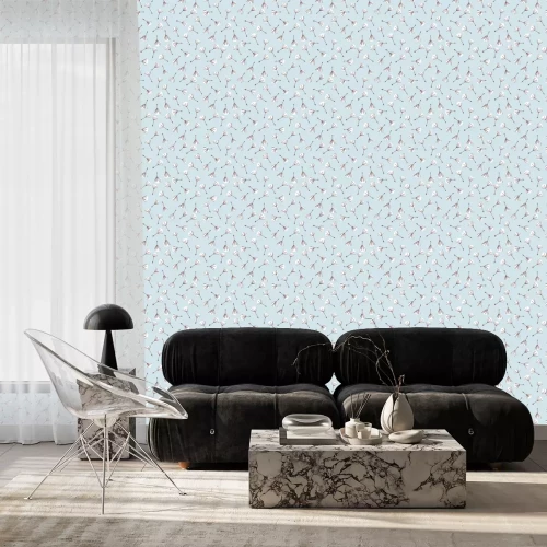 Tapete Löwenzahnmuster auf hellblauem Hintergrund