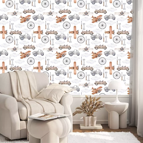 Tapete Flugzeuge und Autos unter den Werkzeugen im Aquarellstil