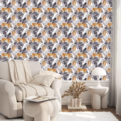 Tapete Exotische Komposition aus Tigern und Blättern