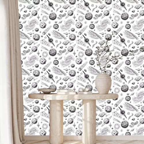 Tapete Schwarz-weißes Planetenmuster im Weltraum