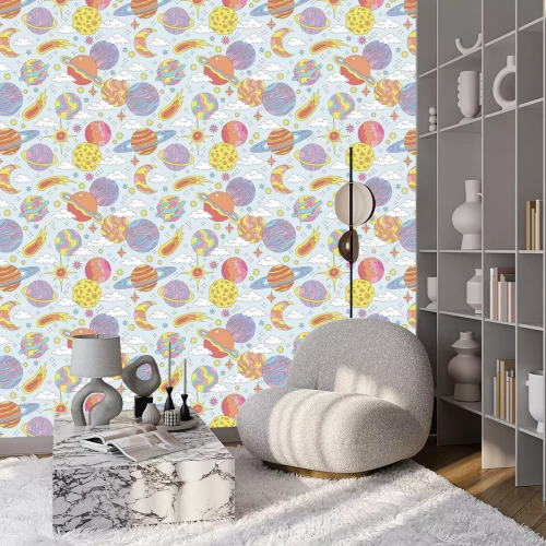 Tapete Ein farbenfrohes Muster mit Weltraummotiven im coolen Stil