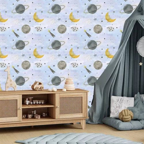 Tapete Aquarellmuster von Planet, Mond und Sternen