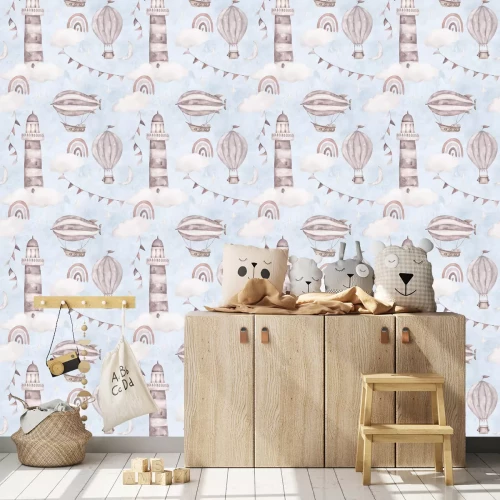 Tapete Ein Aquarellmuster mit Meeres- und Luftmotiven auf blauem Hintergrund.