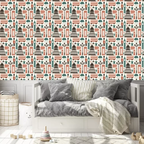 Tapete Symbole Londons: ein roter Bus und Big Ben.