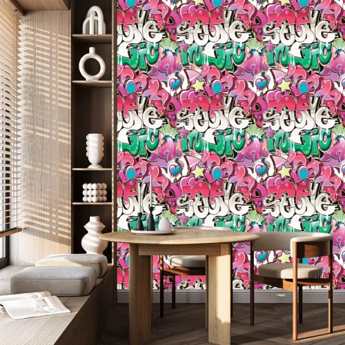 Tapete Farbenfrohe Graffiti-Inschriften im Bubble-Stil