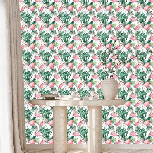 Tapete Flamingo zwischen tropischen Blättern