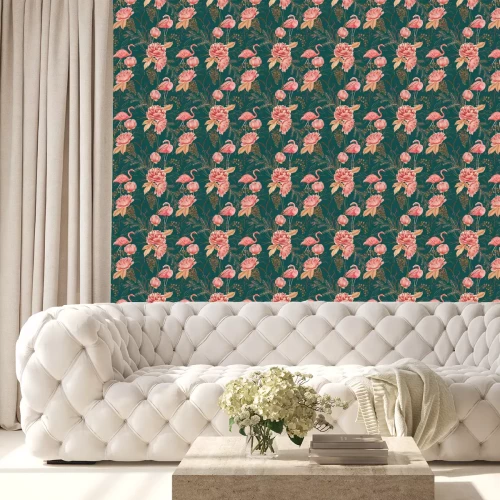 Tapete Vintage-Muster mit Korallenflamingos