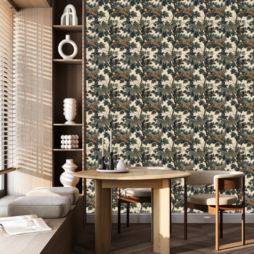 Tapete Blätter mit roten Früchten am Baum