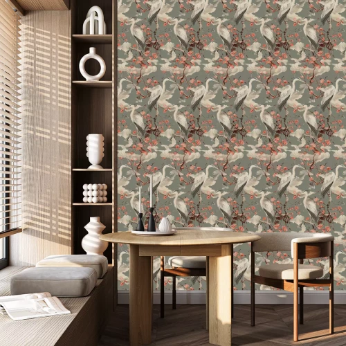 Tapete Eine Komposition aus Kranichen und rosa Blüten