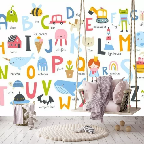 Sticker Cute english alphabet for kids with naive doodle pictures. Abc learning cartoon poster for children.