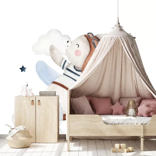 Sticker Niedliche Maus im Flugzeug mit Wolken und Sternen