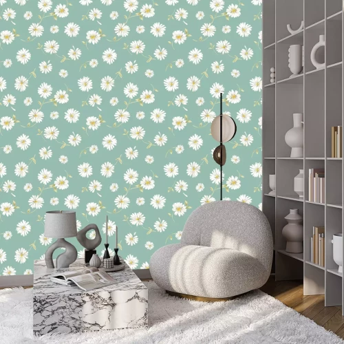 Tapete Weiße Gänseblümchen und Blätter