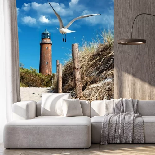 Fototapete Leuchtturm an der Küste und Möwe