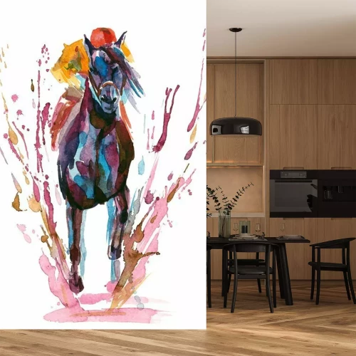 Sticker Pferde Reitsport Aquarell Pferd mit Jockey auf dem Rücken