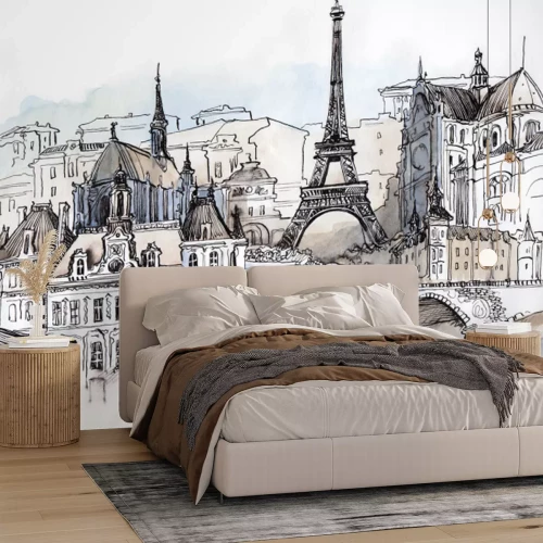 Fototapete Handgezeichnete Skizze des Eiffelturms mit städtischem Hintergrund