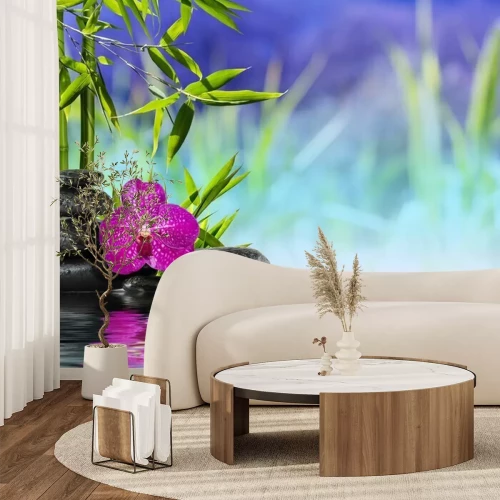 Fototapete Orchidee lila und Bambus im Wasser