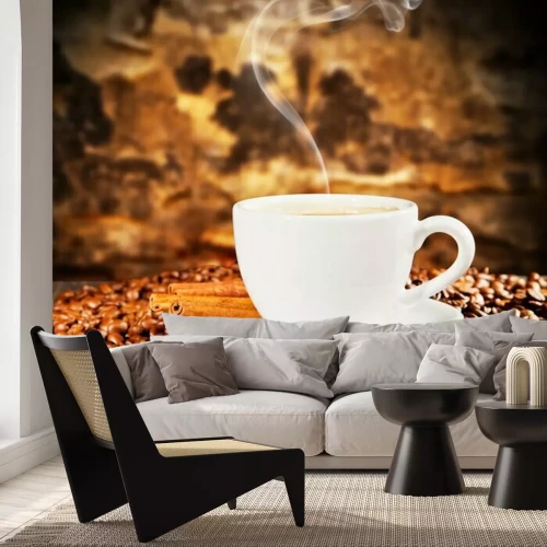 Fototapete Gebrühter Kaffee und verschüttete Bohnen