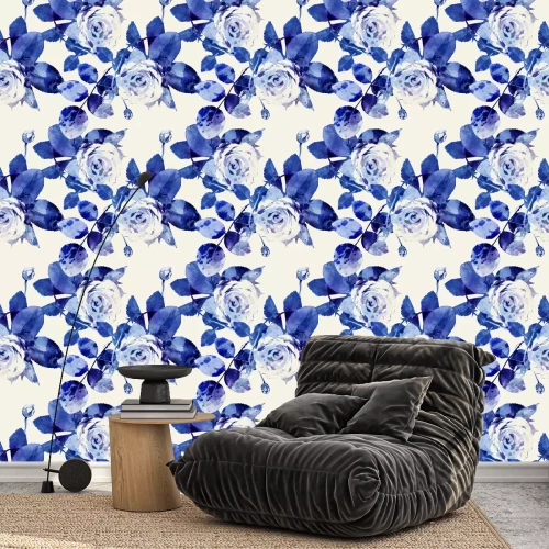 Tapete Rosen und Blätter in Blautönen