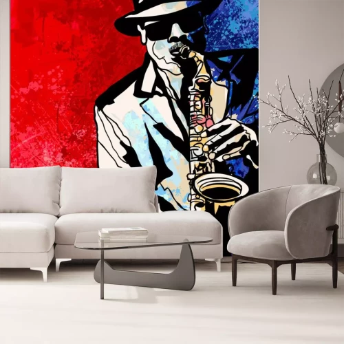 Sticker Saxophonist vor dem Hintergrund einer rot-dunkelblauen Wand