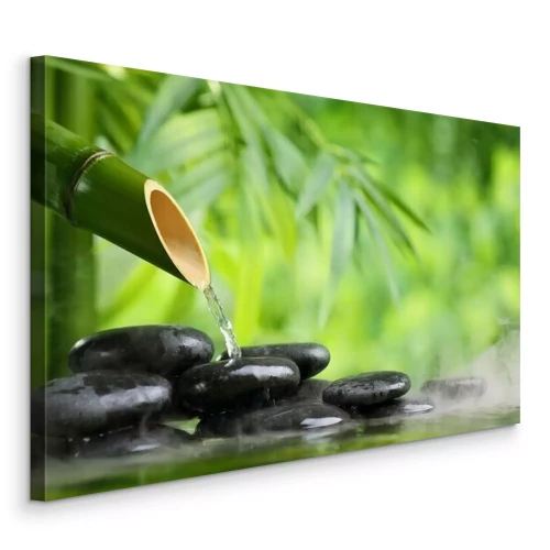 Bild Ein Wasserstrahl aus Bambus auf schwarzen Steinen