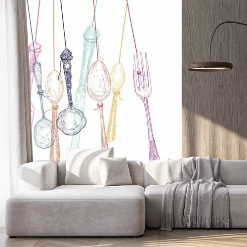 Fototapete An Schnüren hängendes Pastellbesteck