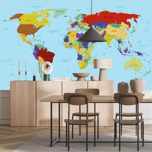 Fototapete Farbenfrohe politische Weltkarte in russischer Sprache