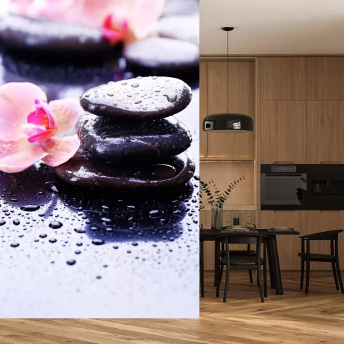 Sticker Komposition mit schönen blühenden Orchidee mit Wassertropfen und