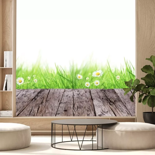 Sticker Frühlingswiese Konzept mit Holzbohlen und weißen Hintergrund