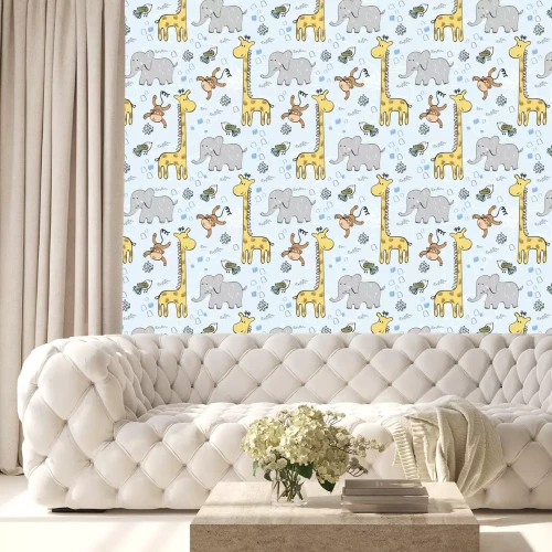 Tapete Safaritiere auf blauem Hintergrund mit Palmen