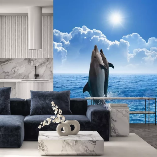 Sticker Zwei Delfine aus dem Wasser springend