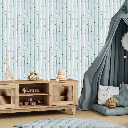 Tapete Grafische Birken auf blauem Hintergrund