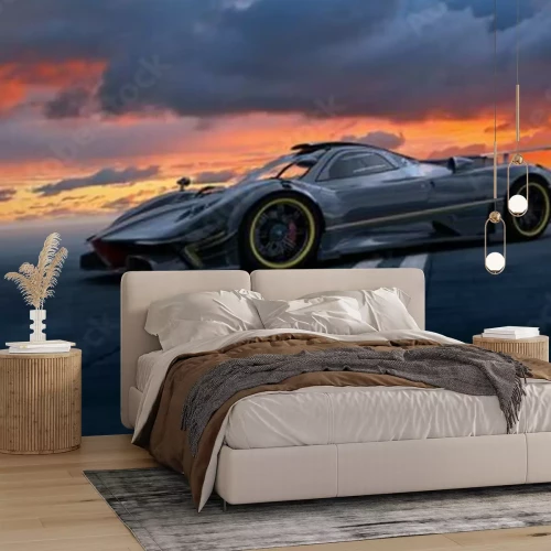 Fototapete Sportauto und Sonnenuntergang