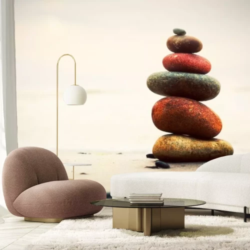 Sticker Steine ​​Pyramide auf Sand symbolisiert zen, Harmonie, Ausgeglichenheit