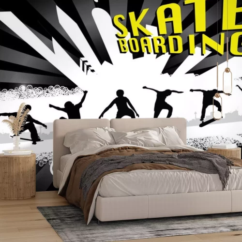 Sticker Skateboarder auf abstrakte Stadt Hintergrund