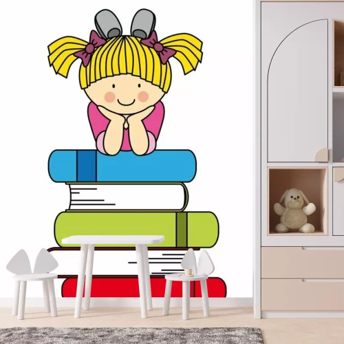 Sticker Kleines Mädchen mit viele Bücher. Spaßillustration zurück in die Schule