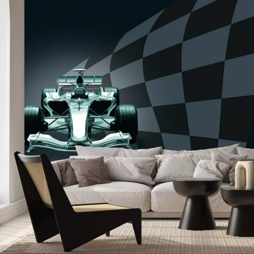 Fototapete Ein Formel-1-Auto und eine Zielflagge