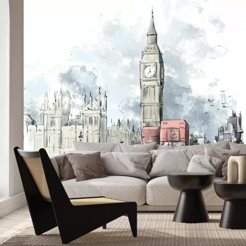 Sticker London mit Big Ben und roten Bussen