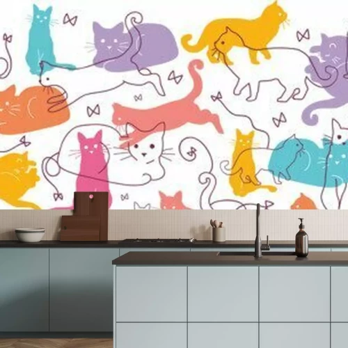 Sticker Vector Bunte Katzen Horizontal Nahtlose Muster Hintergrund
