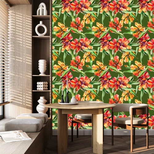 Tapete Blühende Tulpen auf grünem Hintergrund