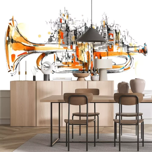 Sticker Trompete mit Stadtsilhouette Aquarellzeichnung