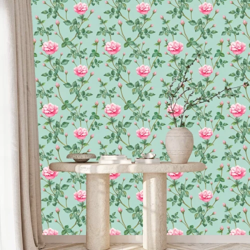 Tapete Rosa Blütenknospen auf einem sanften grünen Hintergrund