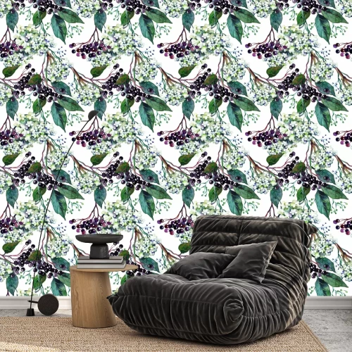 Tapete Fruchtblätter und lila Blüten