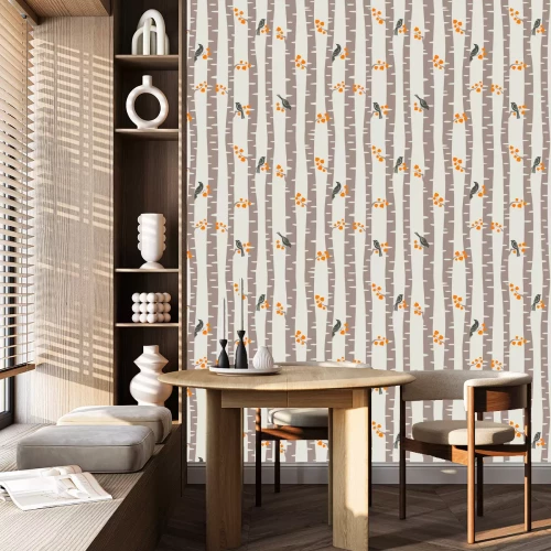 Tapete Bäume und Vögel im Herbstwald