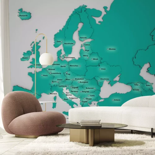 Sticker 3D-Europakarte mit Hauptstädten in türkis
