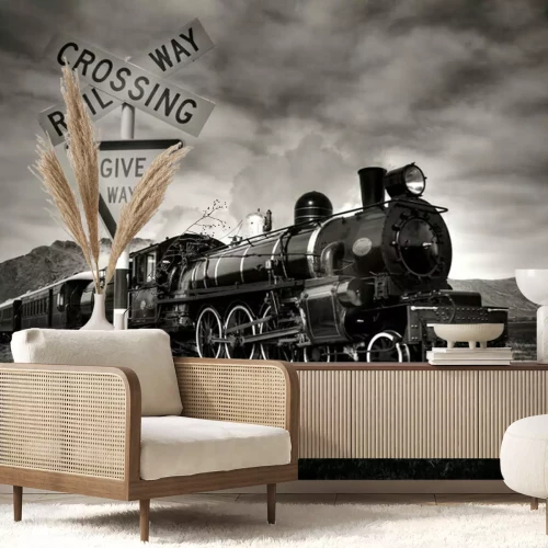 Fototapete Retro-Zug auf Bahnübergang
