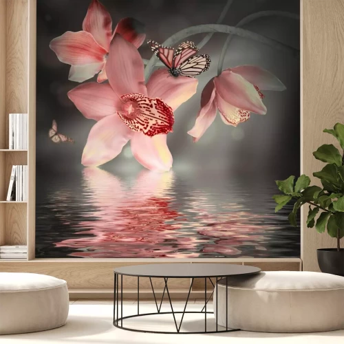 Sticker Orchideen mit einem Schmetterling auf dem farbigen Hintergrund